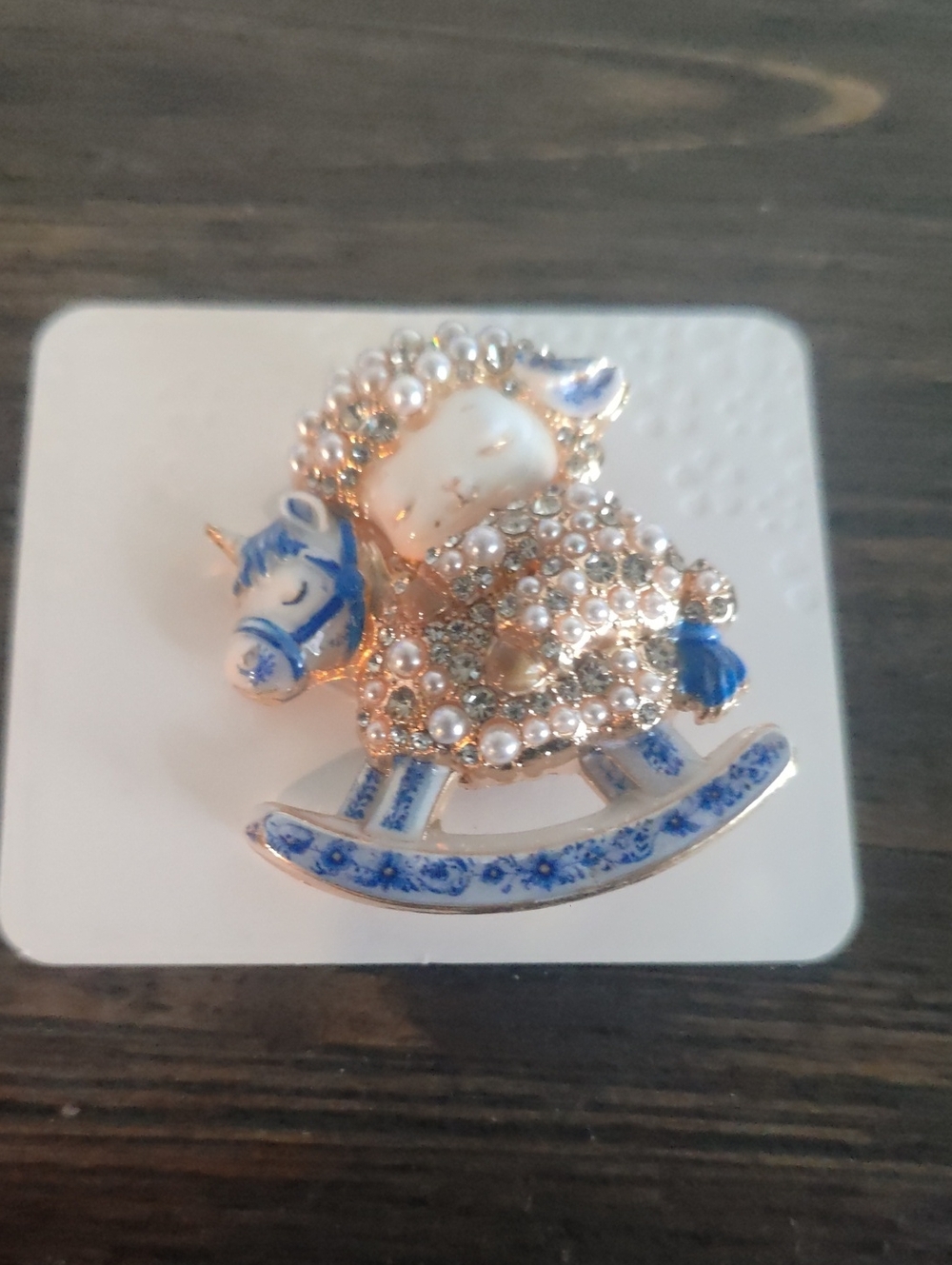 Blue and White Beaded Rocking Horse Kids Brooch